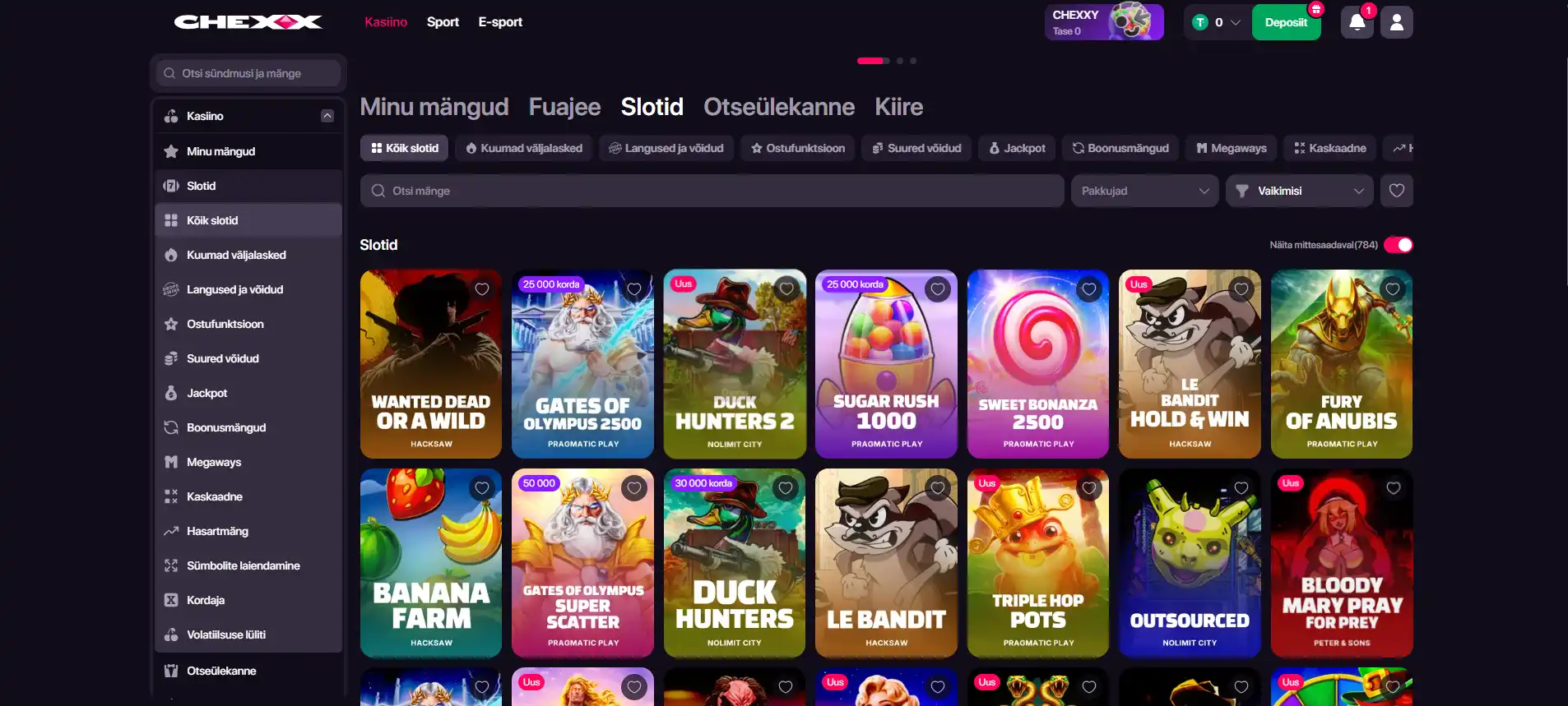 CHEXX-i kasiinolobbi kategooriate, mänguruudustiku ja slotifiltritega