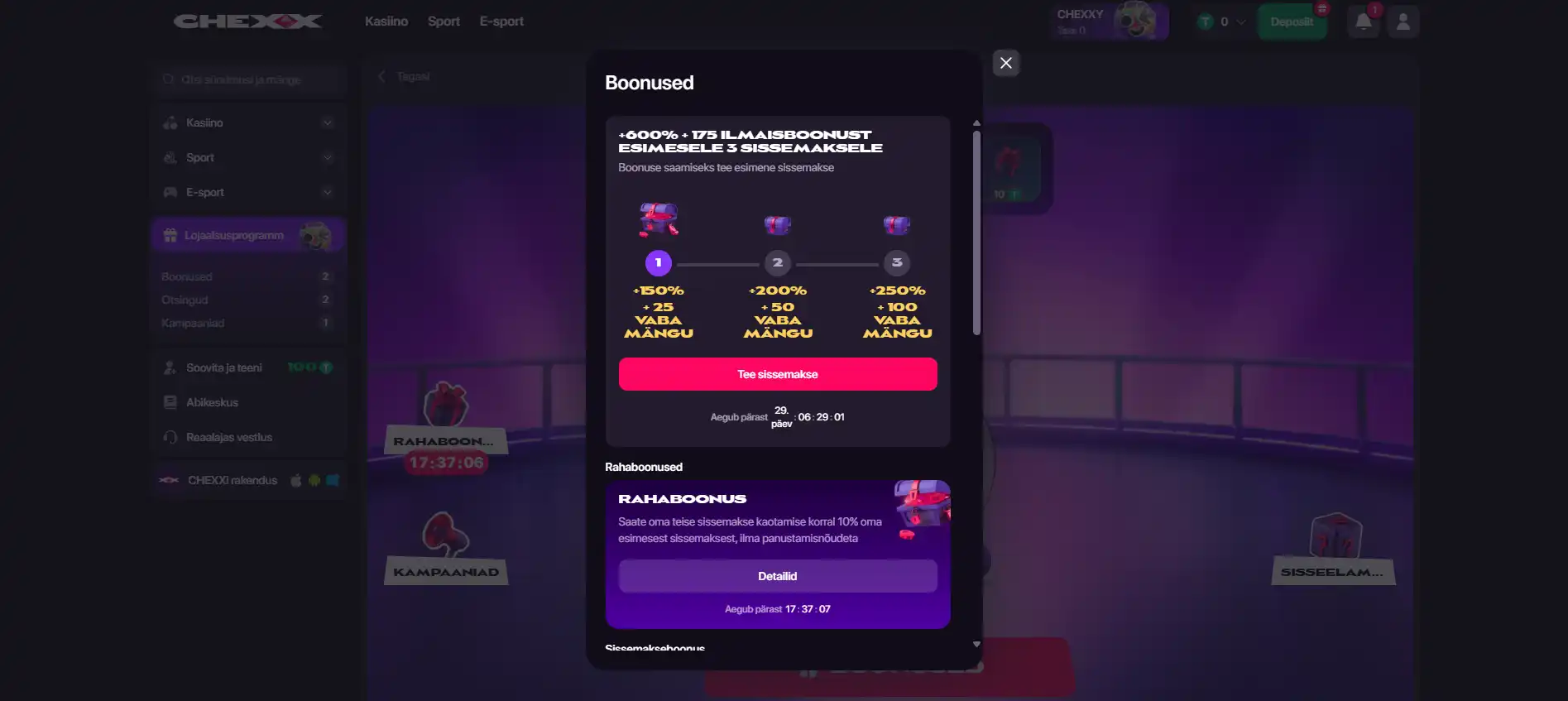 CHEXX-i tervituspakett kolme sissemakse boonuse ja tasuta keerutuste arvuga